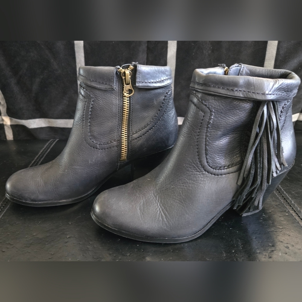 Sam Edelman Black Leather Ankle Booties with Fringe - Picture 3 of 8